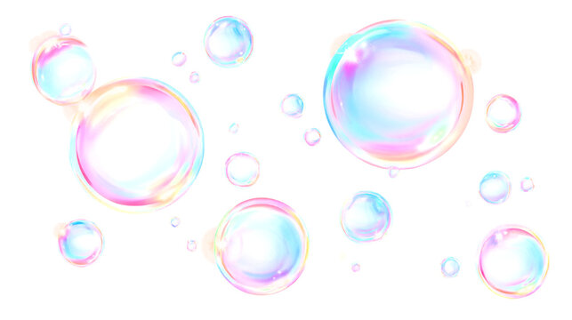 Flying soap bubbles on a transparent isolated background. Soap bubbles from detergent, cleaning, foam. Soap bubbles PNG.