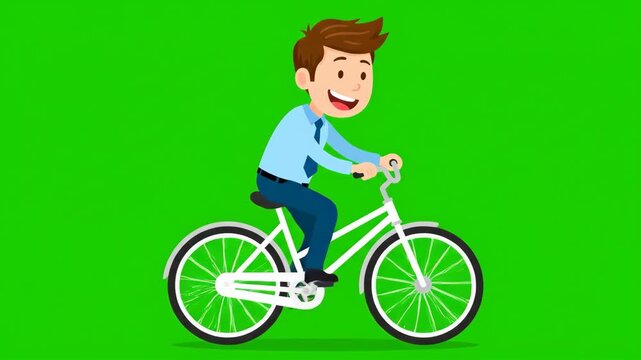 Cartoon illustration of a happy man riding a bicycle on a green screen background.