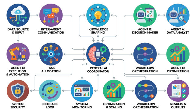 AI system workflow diagram with central coordinator, agents, and data flow