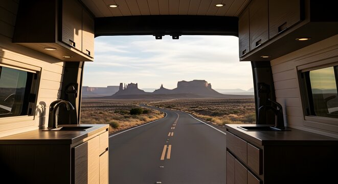 Symmetric view from inside a premium camper van kitchen looking out at an empty road to Monument Valley desert landscape