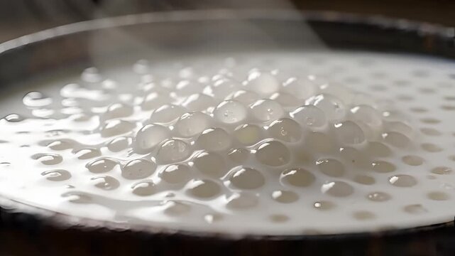 Closeup of tapioca pearls cooking in a creamy liquid.
