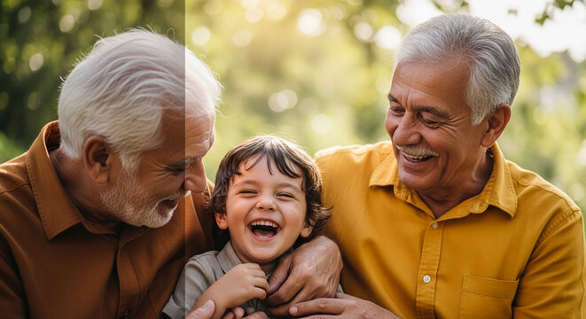 Joyful interaction between a child and two older men, symbolizing family, happiness, and intergenerational connection outdoors, representing love and cherished moments
