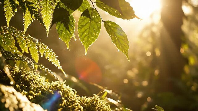 Sunlit green leaves and moss in forest with golden light and morning dew droplets