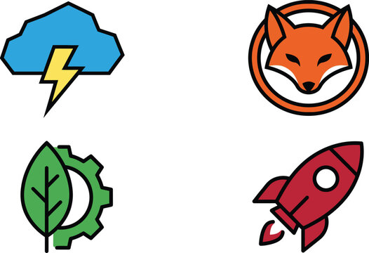 Set of colorful vector line icons featuring cloud fox gear and rocket symbols