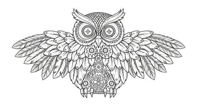 Intricate steampunk owl illustration with detailed gears and feather textures