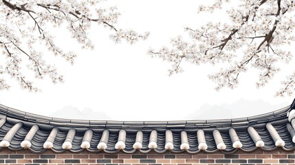 Obraz premium Korean traditional brick wall in seoul city road,south korea, sakura or Beotkkot flower in Korean language, Korean hanok roofline,spring season concept.