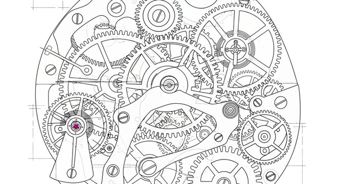 Intricate watch mechanism schematic illustration on a white background design