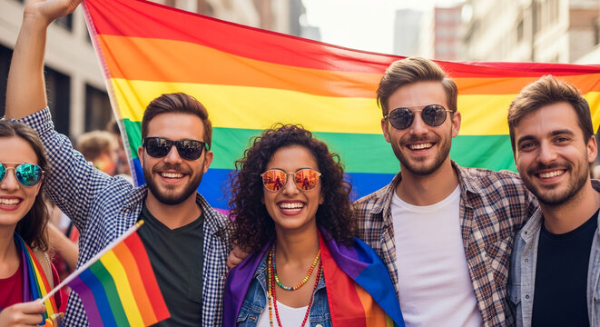 Group of smiling friends holding rainbow flags, symbolizing pride and celebration, representing inclusivity and LGBTQ+ rights during a parade or event