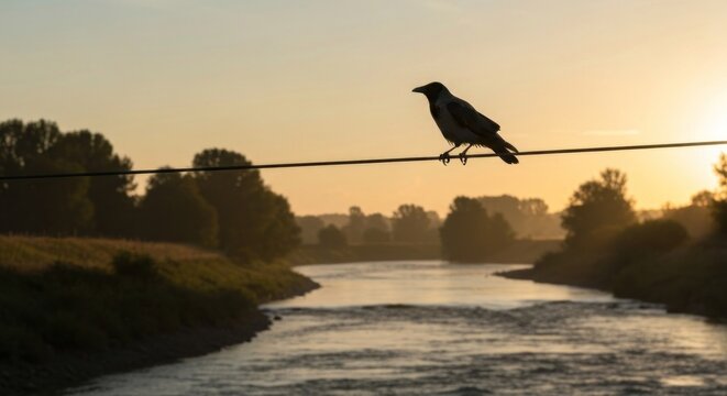 A crow perched on a wire against a sunlit sky and flowing river