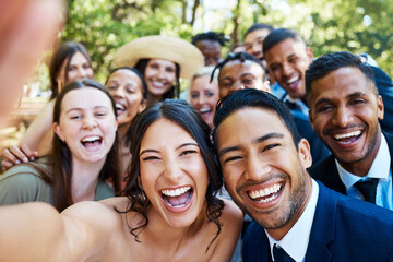 Fototapeta premium Excited, couple or selfie with people at wedding for special day, ceremony memory or bonding. Portrait, bride or groom with photo of guests outdoor for status update, vow celebration or social media