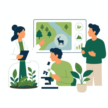 Scientists and ecologists conducting biological research and environmental analysis in a laboratory vector illustration.