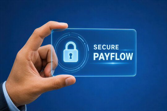 Hand holding transparent screen with secure payflow text and padlock icon blue background digital payment security concept for online transactions and fintech protection