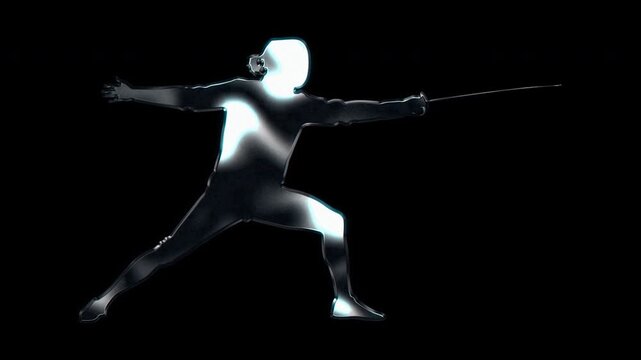 Silver metallic female fencing athlete dueling pose silhouette. Alpha channel. Seamless loop video.