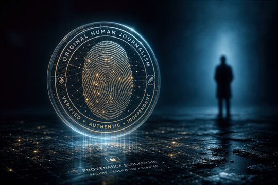 Original Human Journalism authentication seal with glowing fingerprint hologram and blockchain provenance ledger symbolizing media trust verification and anti-AI watermark for press integrity