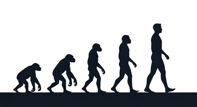 A visual timeline of human evolution showing the progression from ape-like ancestors to modern humans walking upright