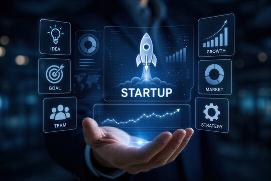 Startup business plan interface in hand with rocket icon growth chart market strategy goal idea team futuristic display panel for entrepreneurship technology innovation presentation