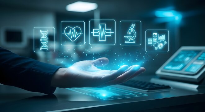 Futuristic medical interface with glowing bio tech icons over workspace console