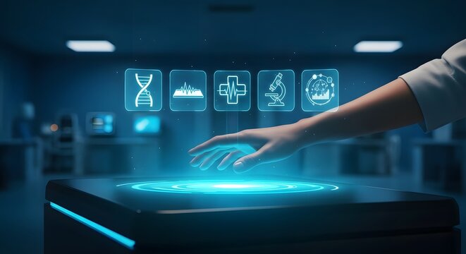 Futuristic medical interface with glowing vital sign icons above lab counter