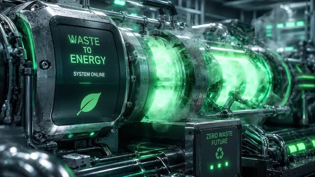Zero waste factory converts refuse into green energy with industrial machine and glowing pipes for sustainable future zero waste factory transforming