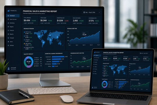 Digital financial sales and marketing report mockup with world map dashboards and analytics on desktop and laptop screens for business presentation and playback on desktop computer and laptop