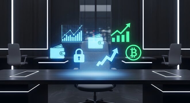 Fintech dashboard with holographic bitcoin charts above empty executive desk