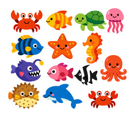 Naklejka premium Adorable cartoon sea animals featuring crabs, fish, dolphin, turtle, seahorse, jellyfish, octopus, starfish, anglerfish, pufferfish