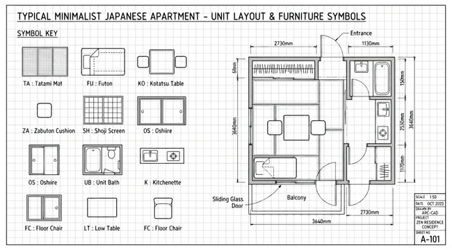 Typical minimalist japanese apartment unit layout and furniture symbols