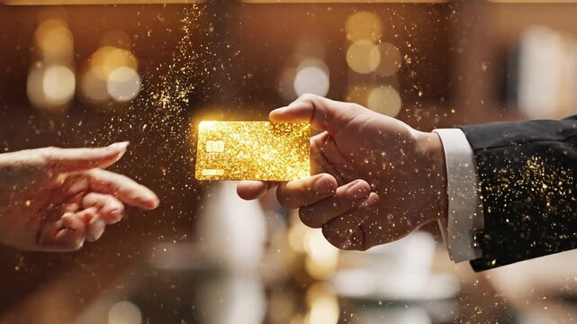 Premium financial transaction and secure payment trust through human exchange. Two business hands exchanging a glowing gold credit card of golden particles with shimmering trail.