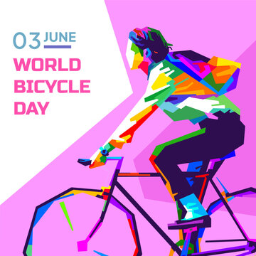 Vibrant vector poster template for World Bicycle Day on 3 June in WPAP pop art style, featuring colorful geometric illustrations of urban cyclists.