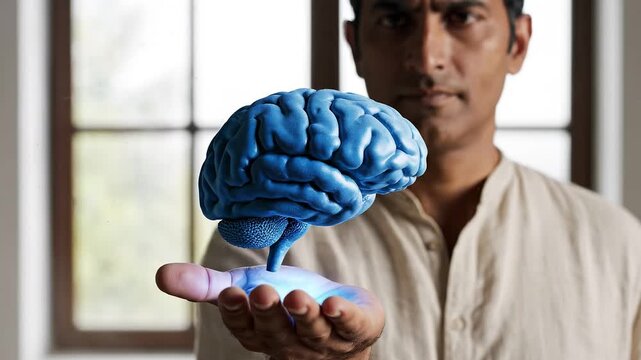 Artificial intelligence emergence and machine learning genesis through human design. A human brain shape slowly forming from scattered dust particles converging above an open palm.