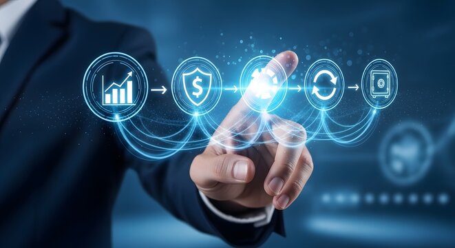 Business hand interacting financial management pipeline workflow with secure shield icon