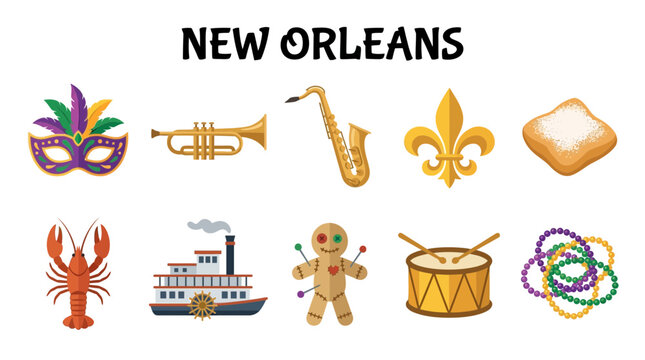 New Orleans Icons Collection: Mardi Gras Mask Trumpet Saxophone Fleur de Lis Beignet Crawfish Steamboat Voodoo Doll Drum Beads.