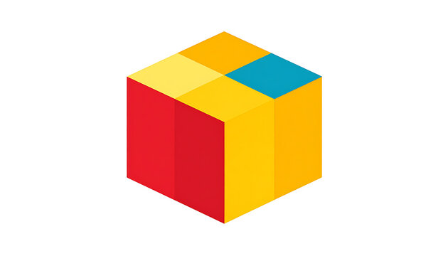 Colorful isometric cube with four colored faces red yellow blue and orange, geometric shape, clean design