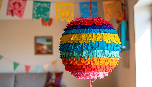 Colorful fringed pi?ata hanging indoors, festive party decoration, bright stripes, celebration, fun atmosphere