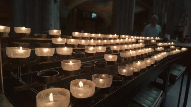 Burning church candles flickering in dark prayer atmosphere