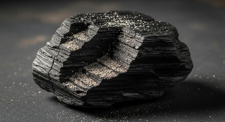 Naklejka premium Close-up of a rough, textured piece of charcoal on a dark background.