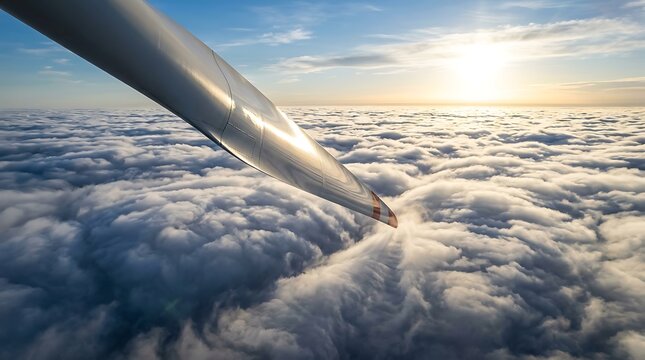 Wind turbine blade above cloud deck under morning sun with renewable, altitude