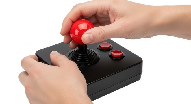 Close up of hands holding and playing with a vintage arcade joystick controller.