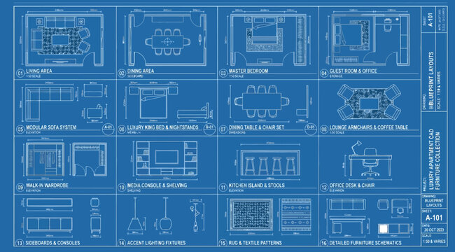 Blueprints of furniture collection schematics for luxury apartment interior design