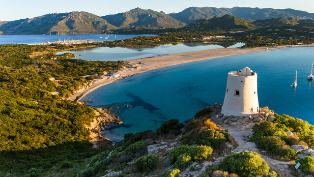 Coastal Sunrise Drone Shot of Torre di Porto Giunco, Italy