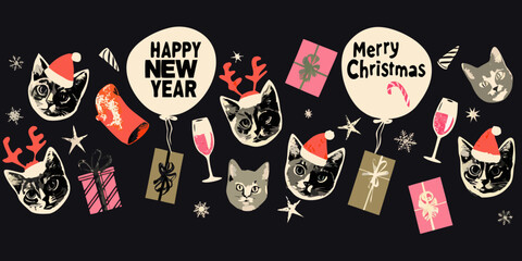 Festive Illustration Of Cats Gifts And Holiday Greetings On Black © Arif