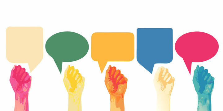 Raised Hands With Speech Bubbles Colorful Vector Illustration On White