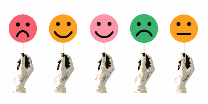 Five Hands Holding Circular Face Icons On White Background