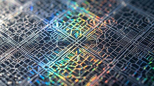 Macro close-up of intricate holographic microchip integrated circuit pattern