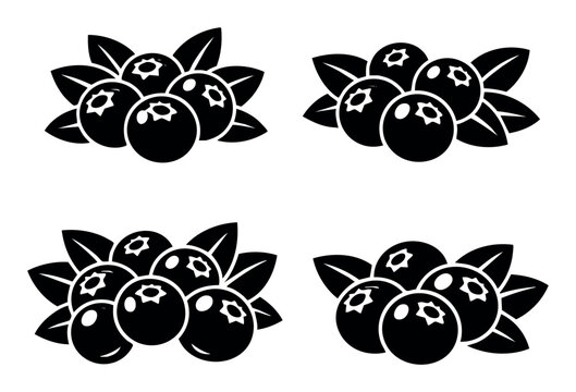 Blueberry icons set featuring ripe berries with green leaves, presenting a sweet fruit concept in a minimalist silhouette vector style