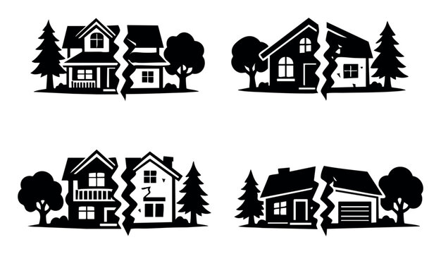 Four split house icons representing concepts of divorce, separation, family dispute, property division, and real estate issues