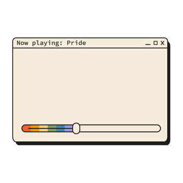 Retro Y2K computer video media player window layout with screen preview and rainbow pride progress timeline slider bar isolated on white. Nostalgic 90s technology software interface for Pride Month.