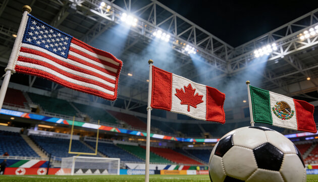 USA Canada and Mexico flags waving in a stadium with a soccer ball in the foreground during a sporting event