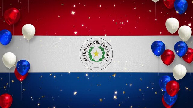 Loopable 4K video. Paraguayan flag. Celebration, event, sports, soccer, football, futsal. Background, player introductions. Confetti, red, blue and white balloons. Video with copy space. Paraguay.
