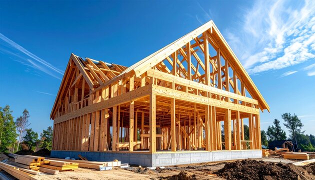 青空のもとで木材フレームと梁が露出した木造住宅の建築途中の建設現場の風景